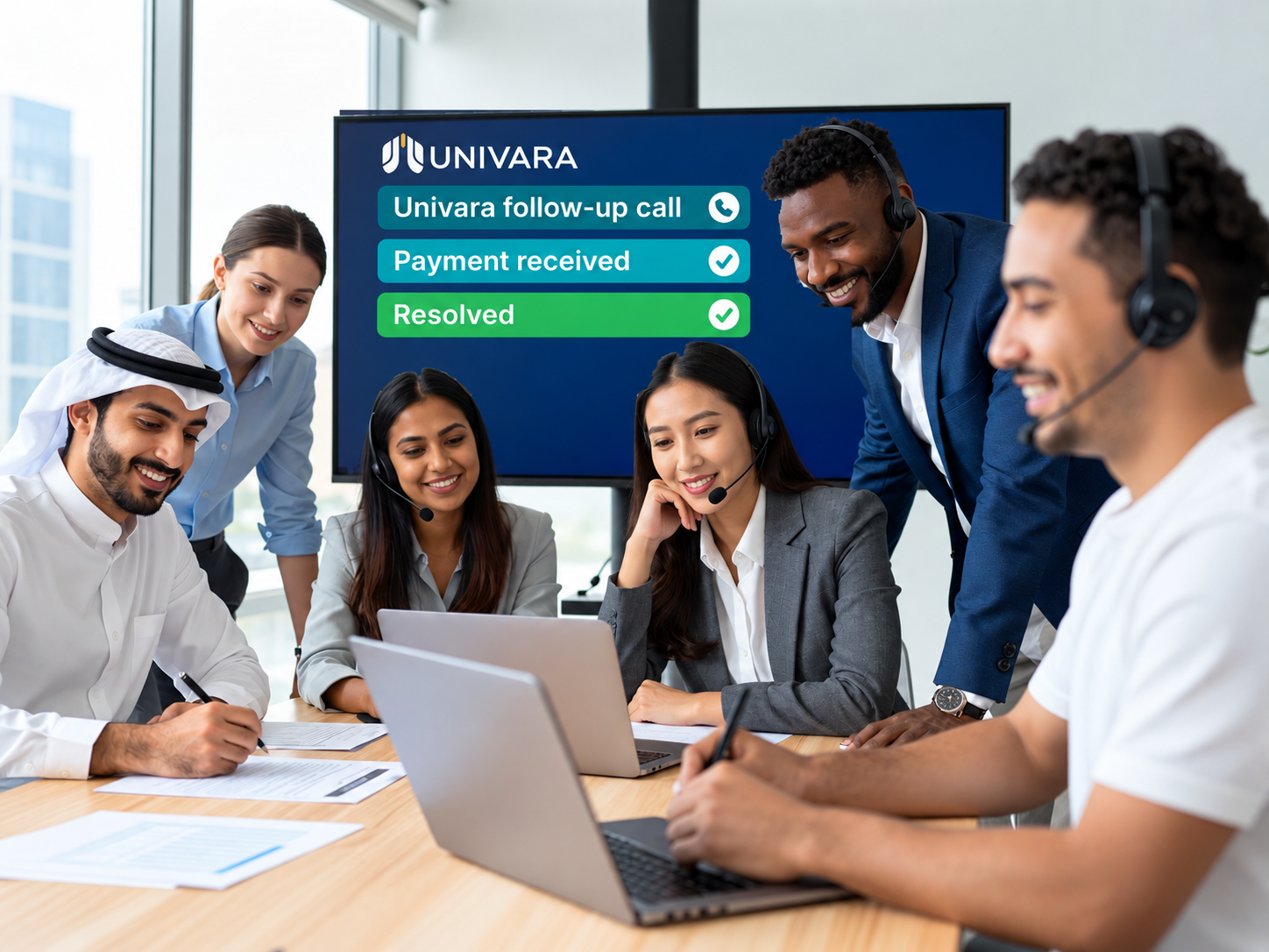 Five smiling colleagues around a meeting table with laptops and documents, several wearing headsets, in front of a screen showing the Univara logo and the labels Univara follow-up call, Payment received and Resolved